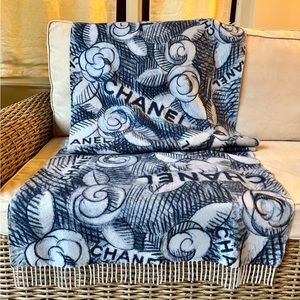 Beautiful and Luxurious Large CHANEL Cashmere Stole with Logo & Camellia Prints